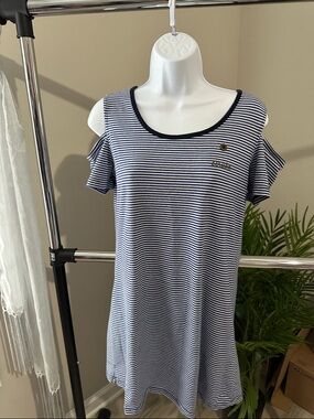 Striped Cold-Shoulder Swim Coverup - Navy/White. No flaws.